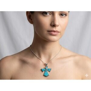Zuni Thunderbird Inlay Pendant Blue Turquoise Native Am Jewelry 18" Rope Chain**